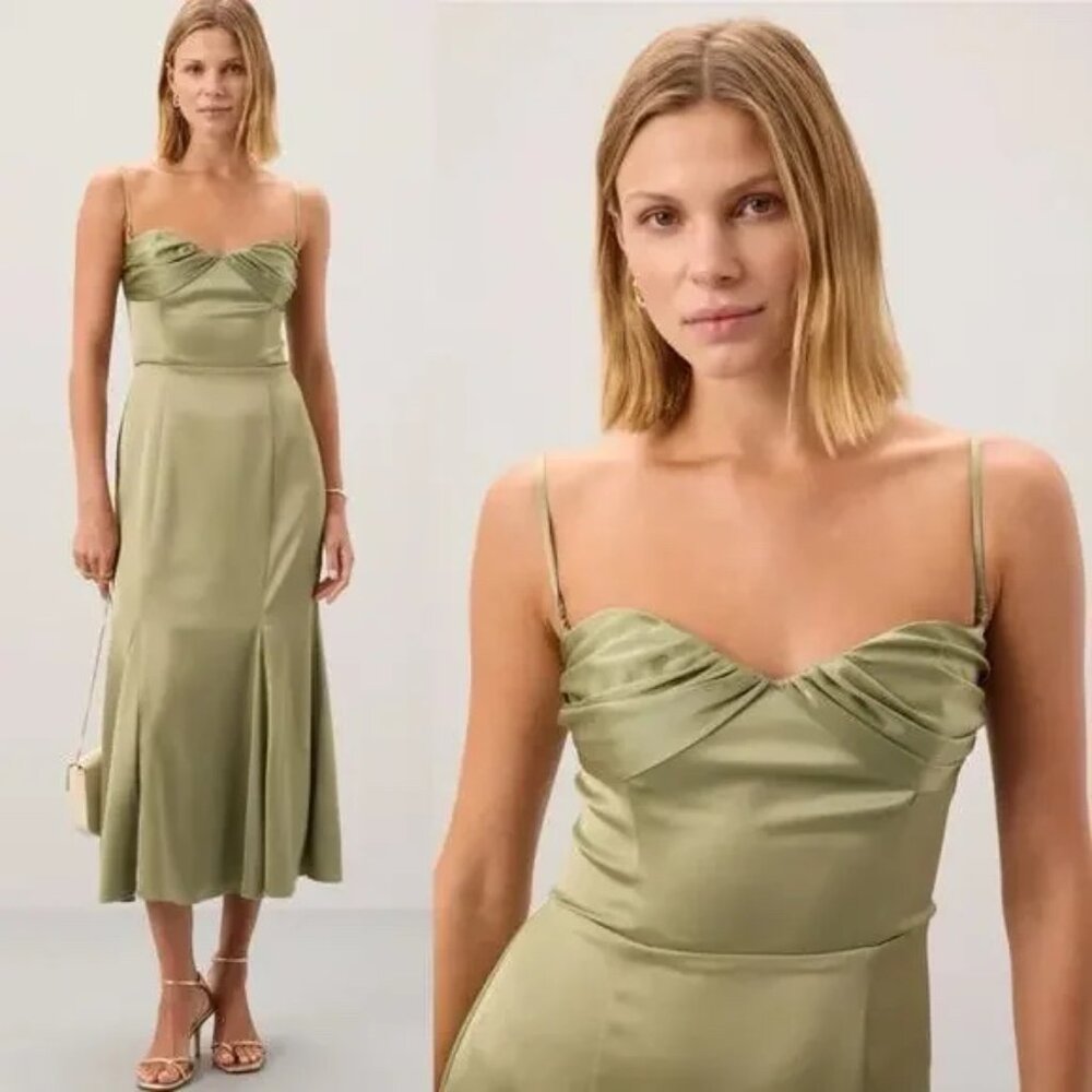 Reformation Hensley Size 12 Midi Satin Dress Artichoke Green